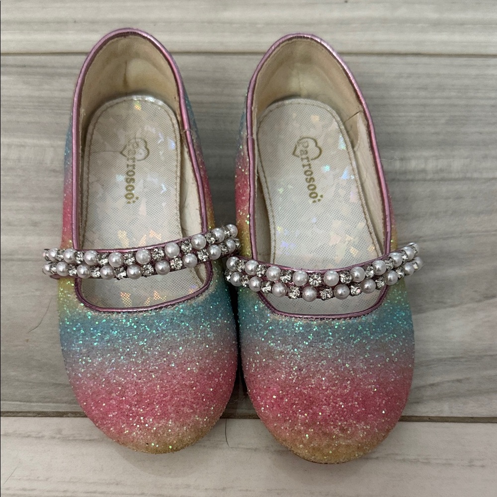 Girls' Pink Rainbow Glitter Mary Jane Shoes with Pearl Strap